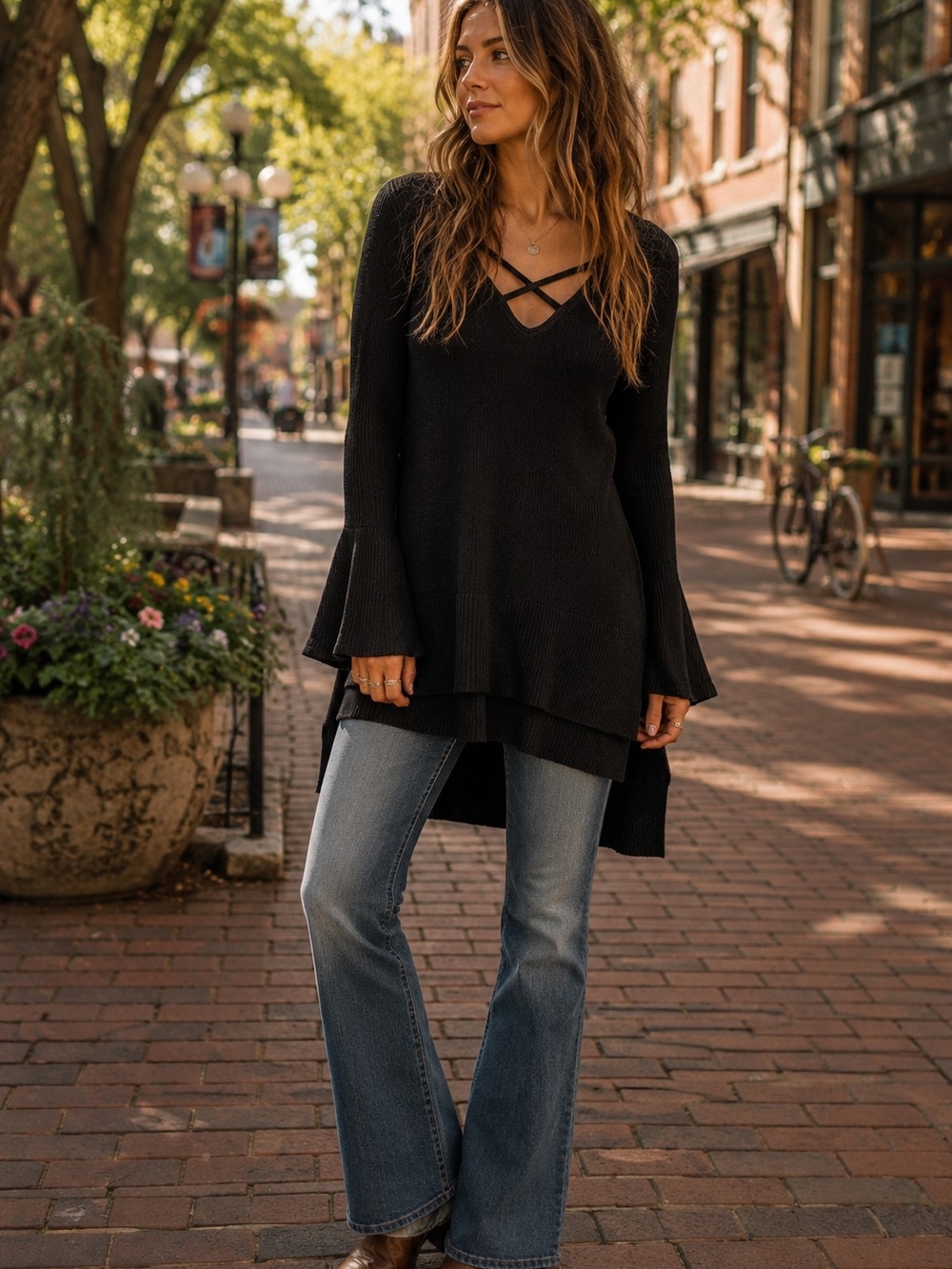 Free People Black Criss Cross V Neck Tunic Sweater Small Bell Sleeve Hi Low Boho